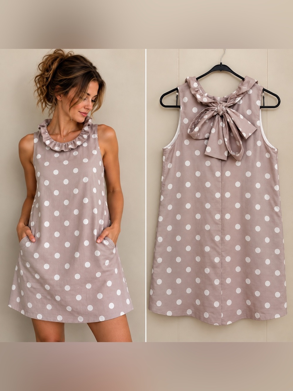 Tyler Boe XS Linen Cotton Polka Dot Bow Back Ruffle Shift Dress Tan White Preppy